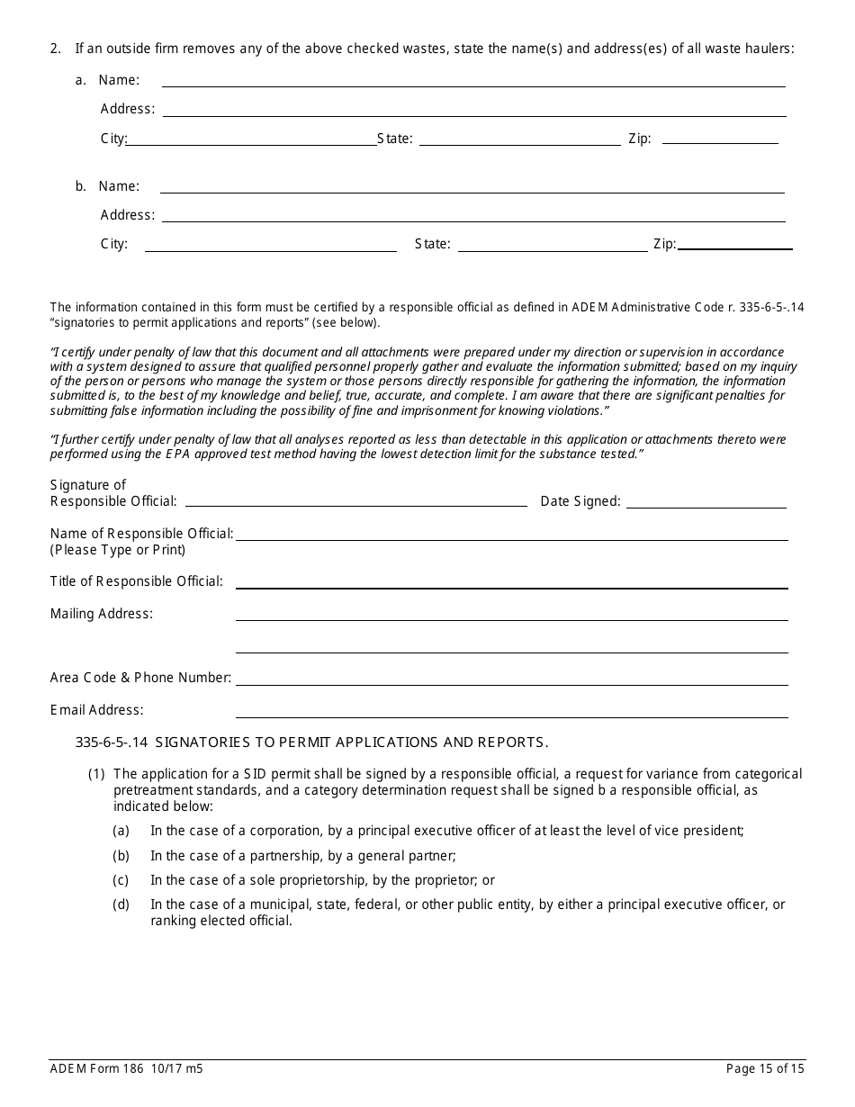 ADEM Form 186 State Indirect Discharge (Sid) Permit Application - Alabama, Page 15