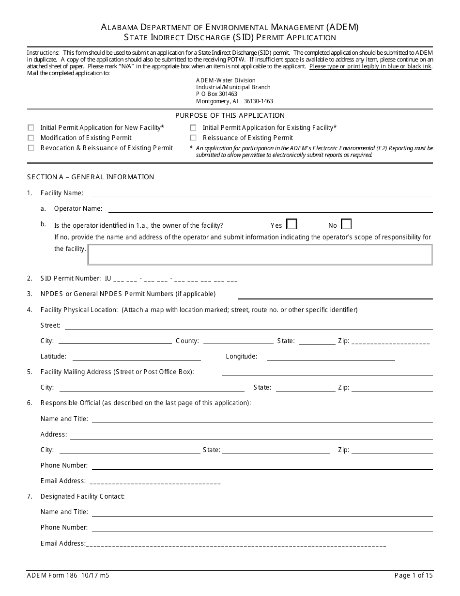 ADEM Form 186 State Indirect Discharge (Sid) Permit Application - Alabama, Page 1