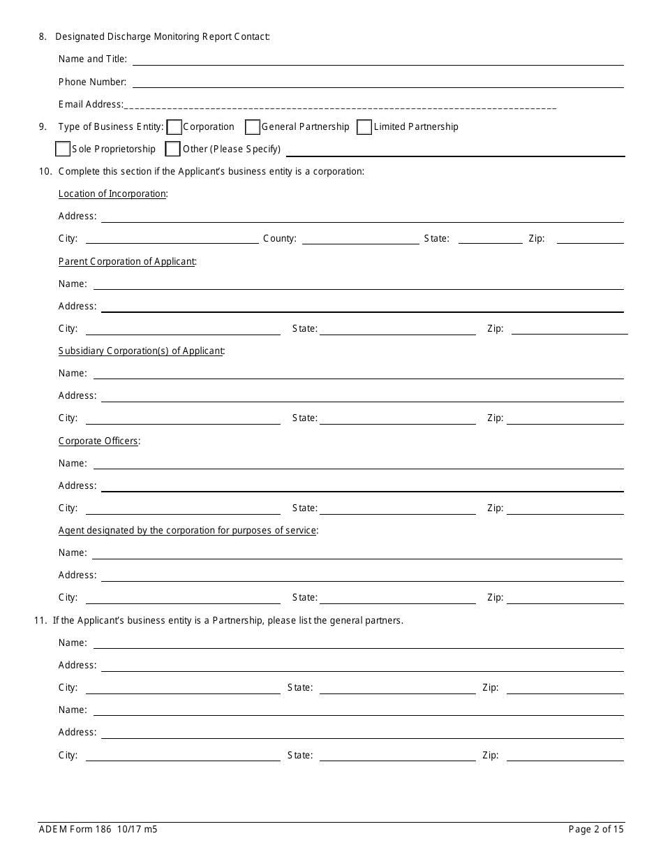 ADEM Form 186 State Indirect Discharge (Sid) Permit Application - Alabama, Page 2