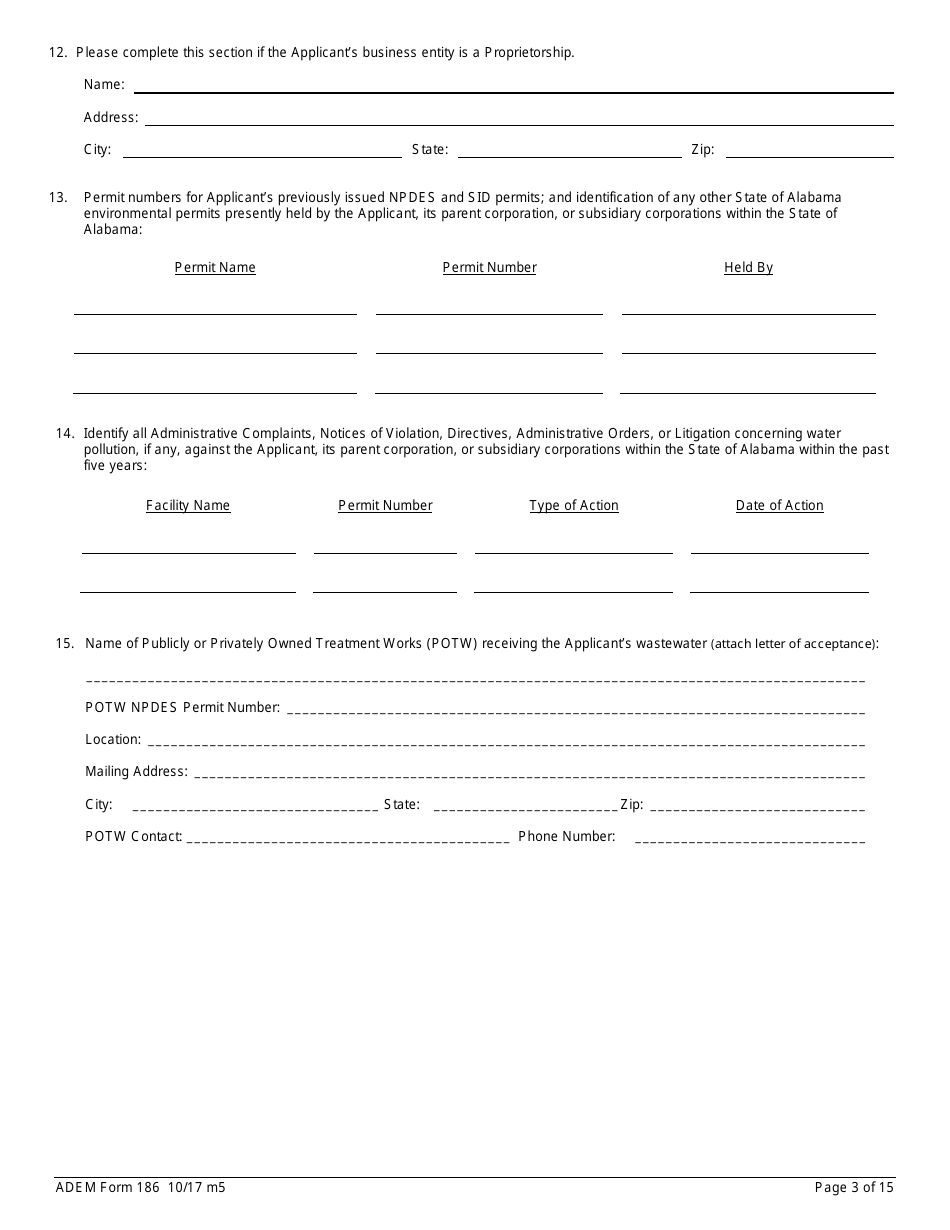 ADEM Form 186 State Indirect Discharge (Sid) Permit Application - Alabama, Page 3