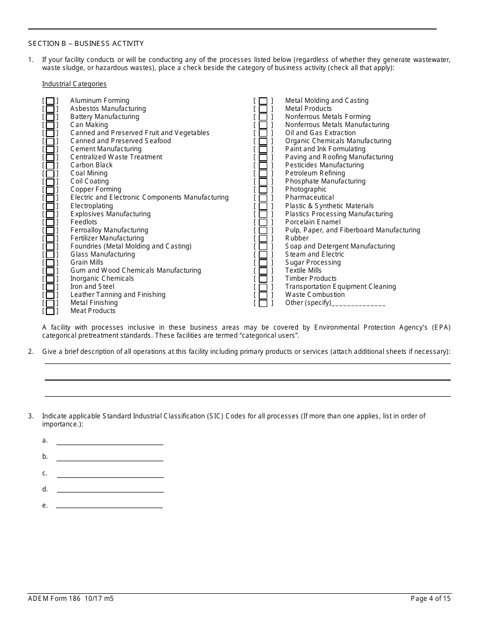 ADEM Form 186 State Indirect Discharge (Sid) Permit Application - Alabama, Page 4