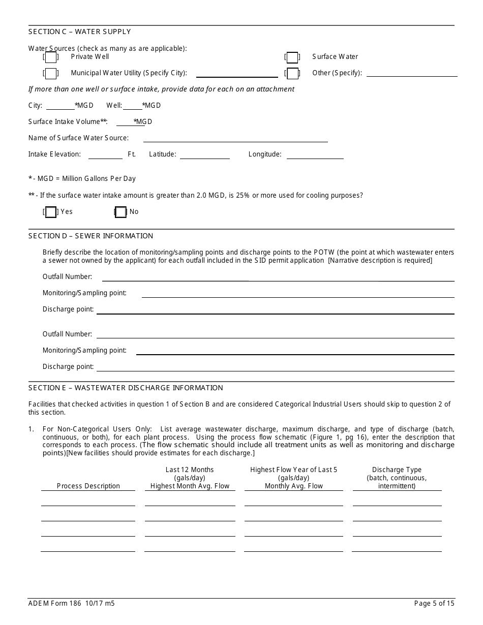 ADEM Form 186 State Indirect Discharge (Sid) Permit Application - Alabama, Page 5