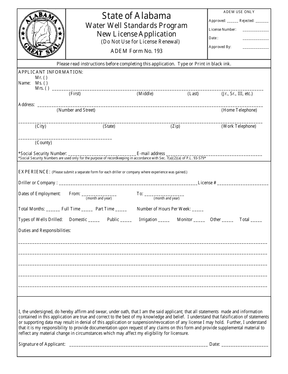 ADEM Form 193 Water Well Standards Program New License Application - Alabama, Page 1