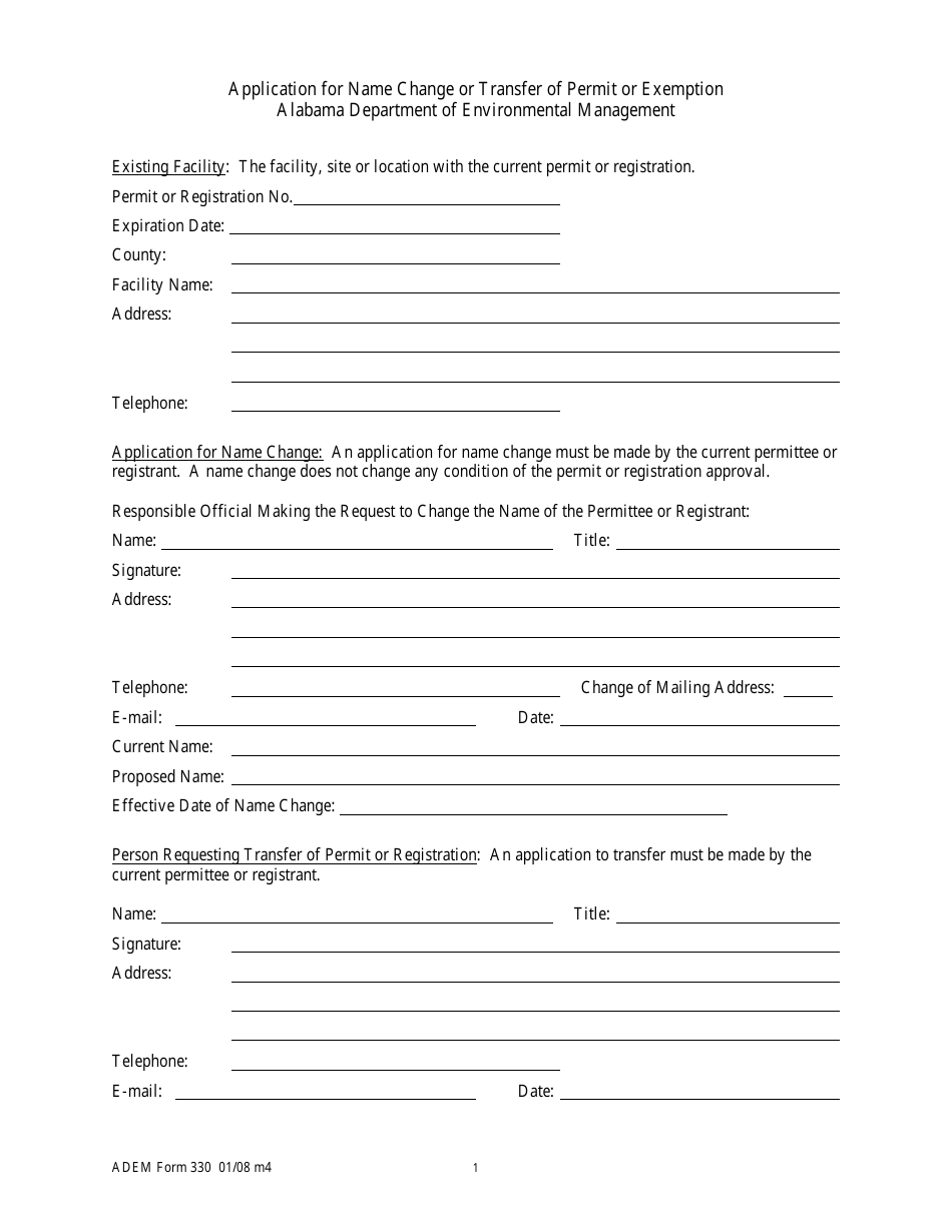 ADEM Form 330 Application for Name Change or Transfer of Permit or Exemption - Alabama, Page 1