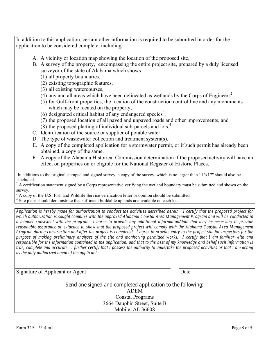 ADEM Form 329 Application for Approval of a Non-regulated Use in the Alabama Coastal Area - Developments and Subdivisions of Property Greater Than 5 Acres in Size - Alabama, Page 3