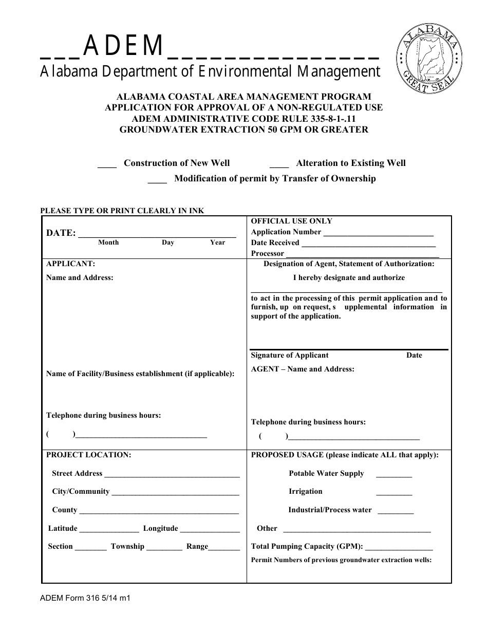 ADEM Form 316 Alabama Coastal Area Management Program Application for Approval of a Non-regulated Use ADEM Administrative Code Rule 335-8-1-.11 Groundwater Extraction 50 Gpm or Greater - Alabama, Page 1