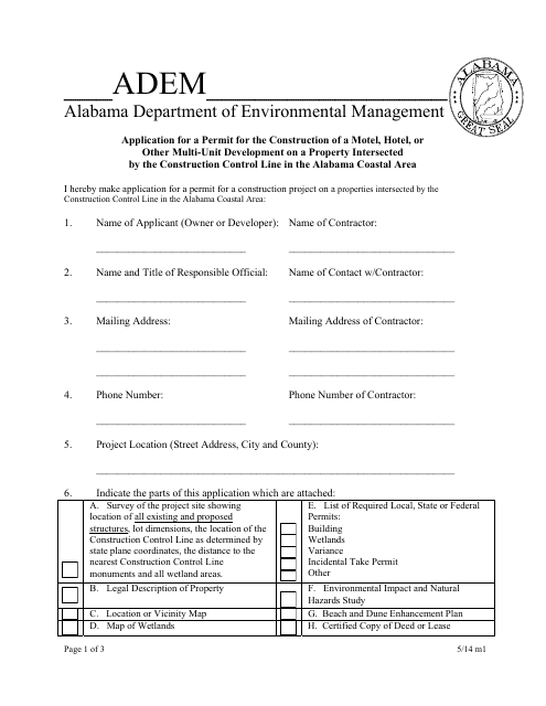 ADEM Form 327 Application for a Permit for the Construction of a Motel, Hotel, or Other Multi-Unit Development on a Property Intersected by the Construction Control Line in the Alabama Coastal Area - Alabama