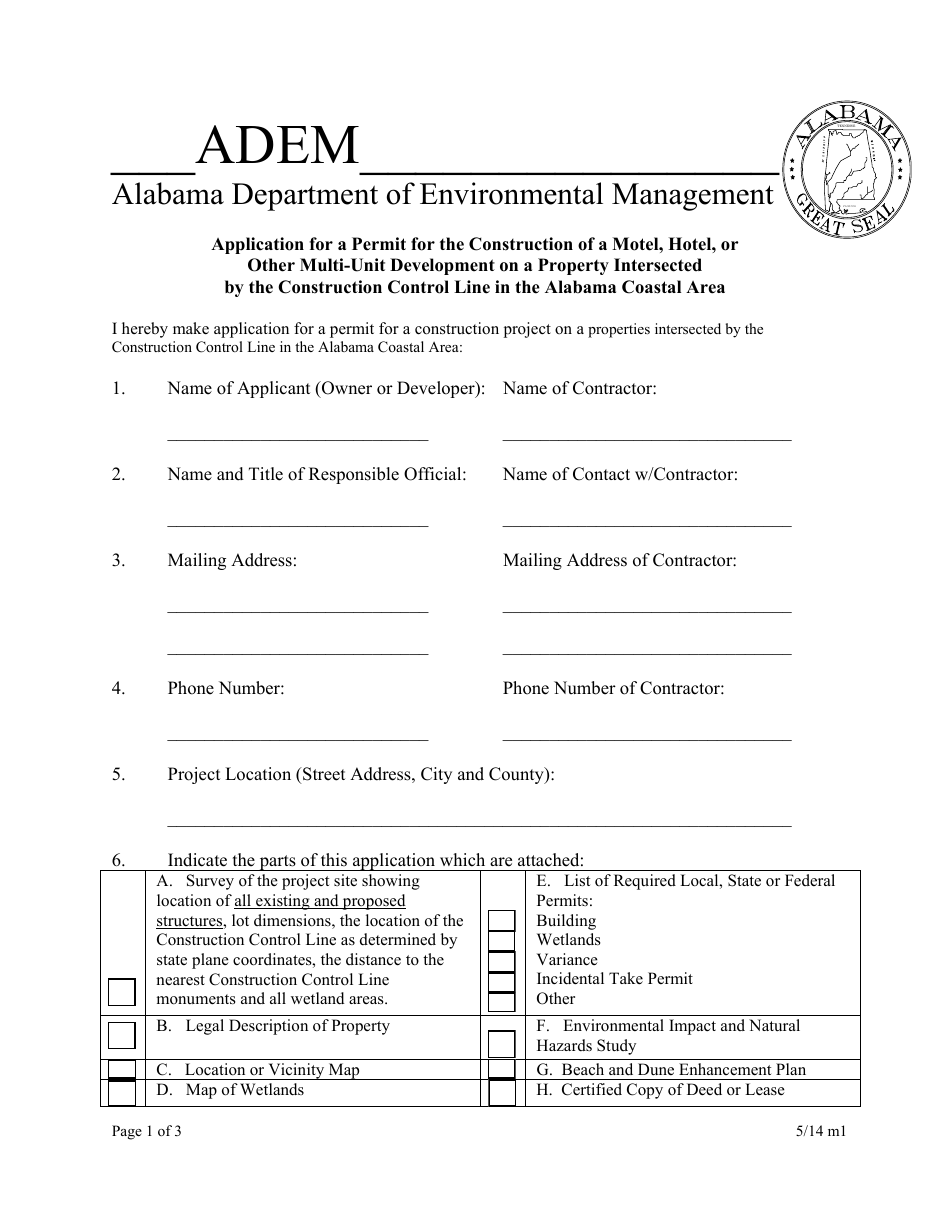 ADEM Form 327 Application for a Permit for the Construction of a Motel, Hotel, or Other Multi-Unit Development on a Property Intersected by the Construction Control Line in the Alabama Coastal Area - Alabama, Page 1
