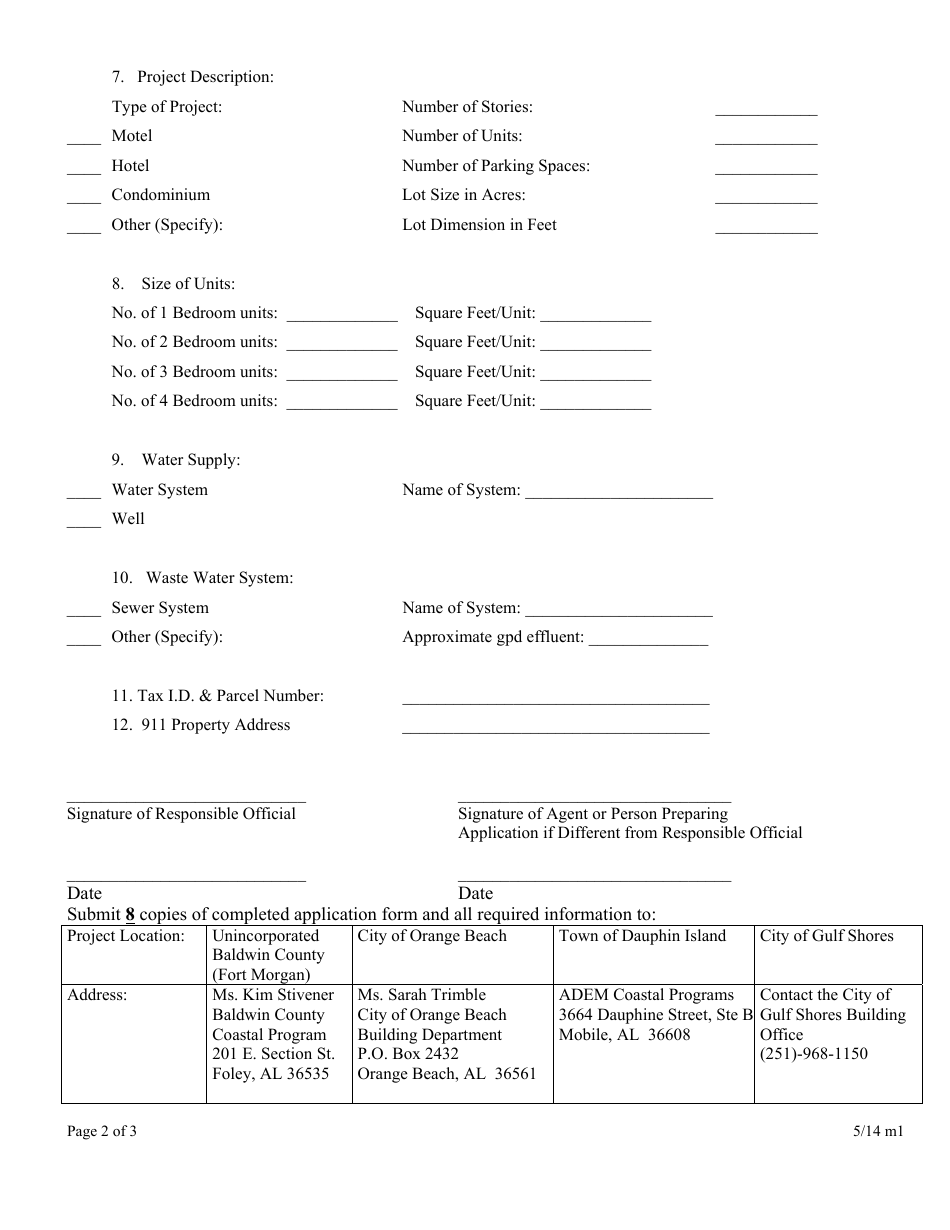 ADEM Form 327 Application for a Permit for the Construction of a Motel, Hotel, or Other Multi-Unit Development on a Property Intersected by the Construction Control Line in the Alabama Coastal Area - Alabama, Page 2