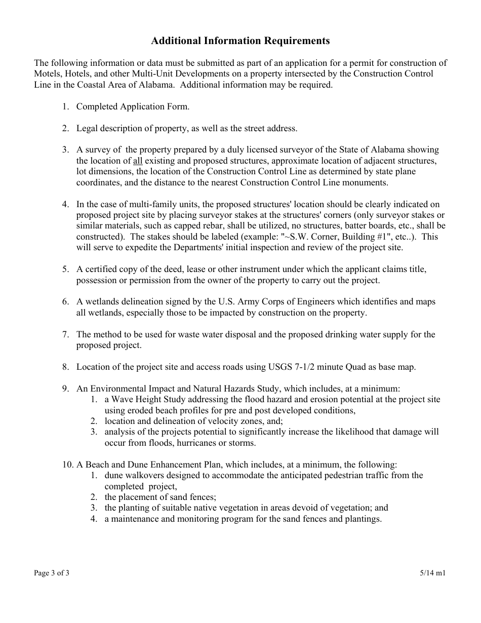 ADEM Form 327 Application for a Permit for the Construction of a Motel, Hotel, or Other Multi-Unit Development on a Property Intersected by the Construction Control Line in the Alabama Coastal Area - Alabama, Page 3