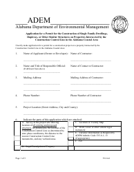 Document preview: ADEM Form 328 Application for a Permit for the Construction of Single Family Dwellings, Duplexes, or Other Similar Structures on Properties Intersected by the Construction Control Line in the Alabama Coastal Area - Alabama