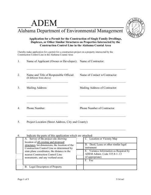 ADEM Form 328 Application for a Permit for the Construction of Single Family Dwellings, Duplexes, or Other Similar Structures on Properties Intersected by the Construction Control Line in the Alabama Coastal Area - Alabama