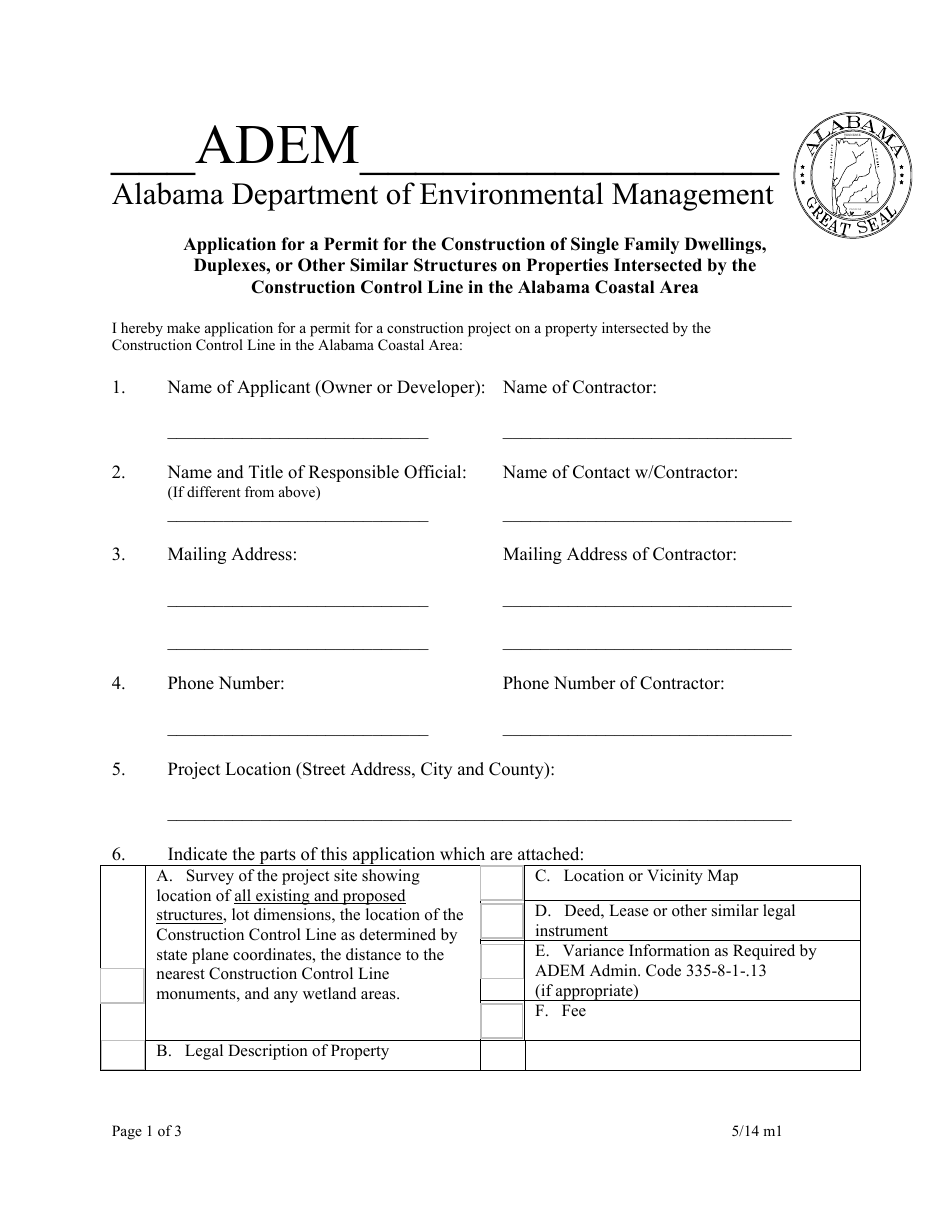 ADEM Form 328 Application for a Permit for the Construction of Single Family Dwellings, Duplexes, or Other Similar Structures on Properties Intersected by the Construction Control Line in the Alabama Coastal Area - Alabama, Page 1