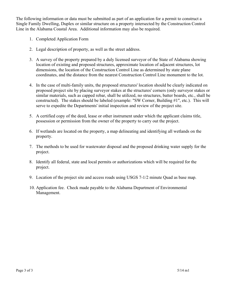 ADEM Form 328 Application for a Permit for the Construction of Single Family Dwellings, Duplexes, or Other Similar Structures on Properties Intersected by the Construction Control Line in the Alabama Coastal Area - Alabama, Page 3