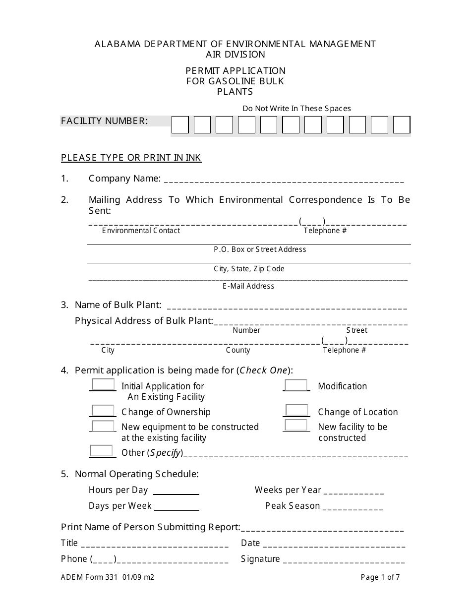 ADEM Form 331 Permit Application for Gasoline Bulk Plants - Alabama, Page 1