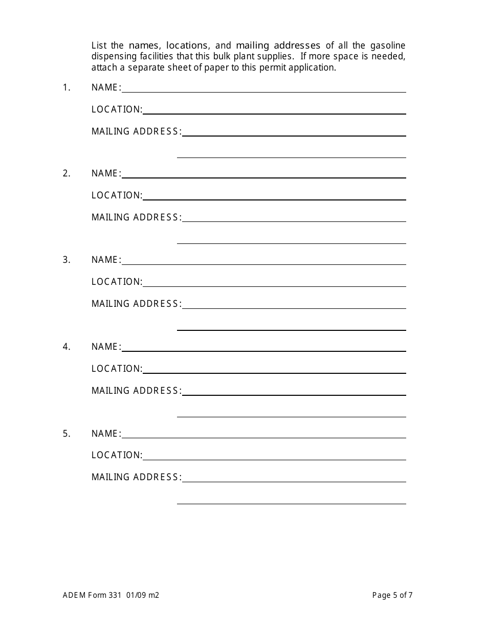 ADEM Form 331 Permit Application for Gasoline Bulk Plants - Alabama, Page 5