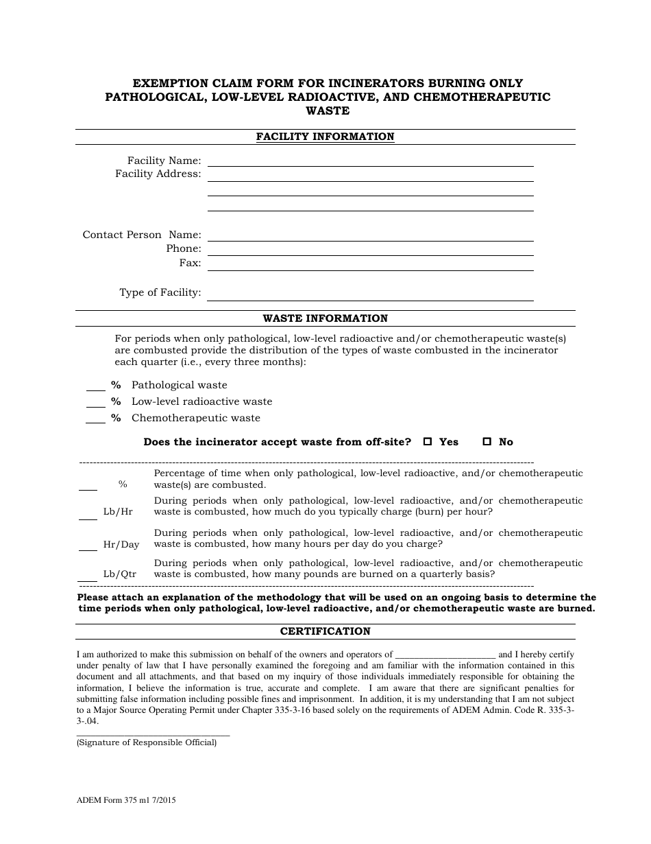 ADEM Form 375 Exemption Claim Form for Incinerators Burning Only Pathological, Low-Level Radioactive, and Chemotherapeutic Waste - Alabama, Page 1