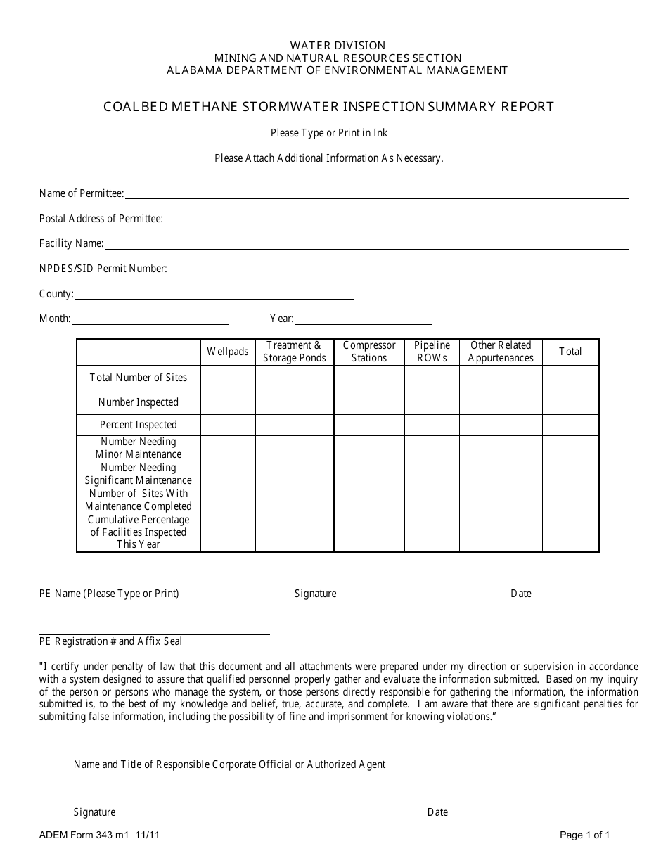 ADEM Form 343 Coalbed Methane Stormwater Inspection Summary Report - Alabama, Page 1