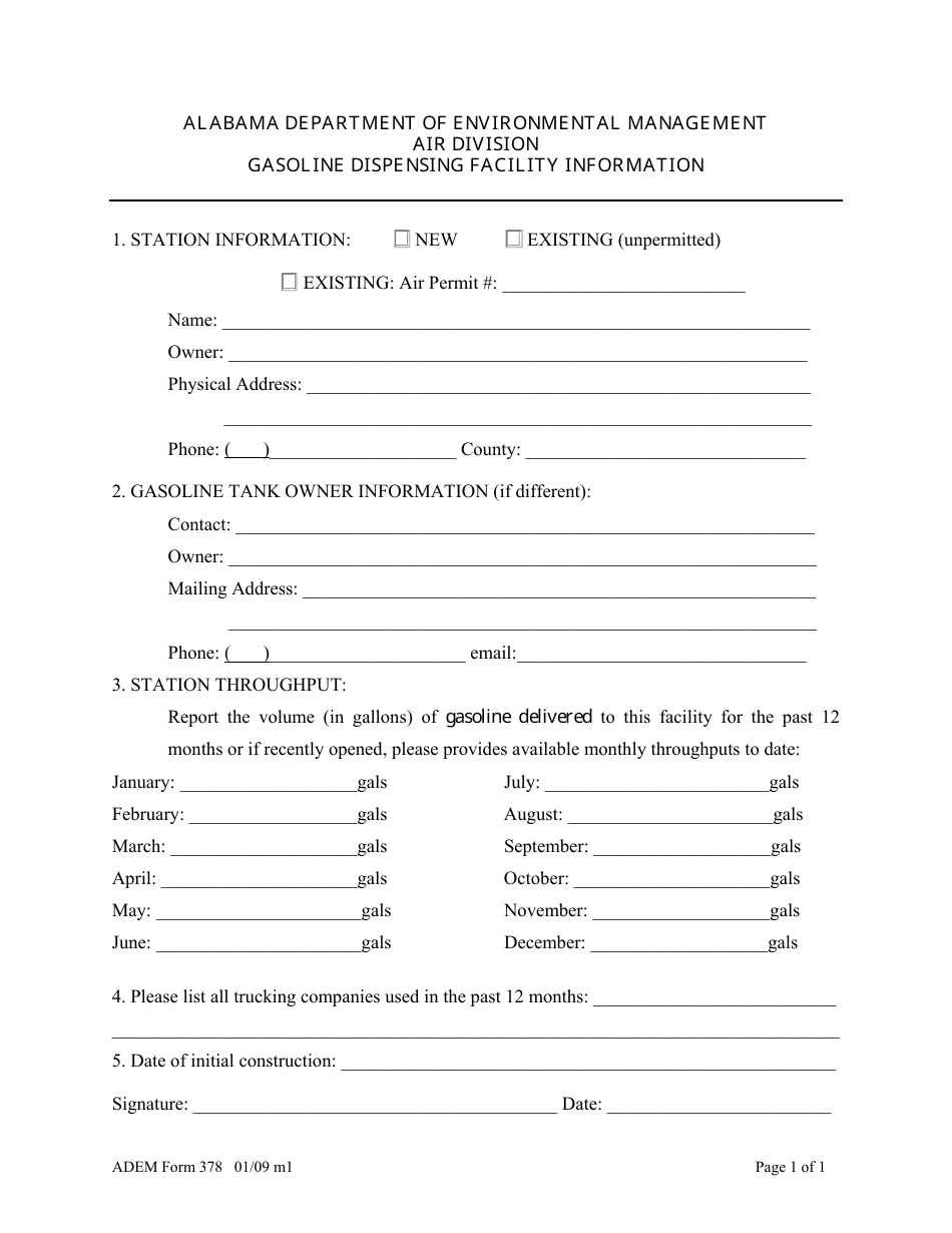 ADEM Form 378 Gasoline Dispensing Facility Information Survey - Alabama, Page 1