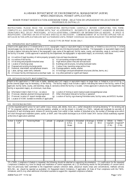 ADEM Form 377 Minor Permit Modification Addendum Form - Npdes Individual Permit Application - Alabama