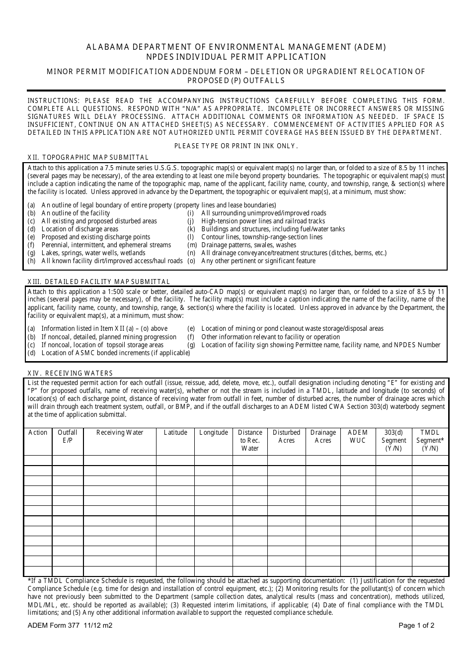 ADEM Form 377 Minor Permit Modification Addendum Form - Npdes Individual Permit Application - Alabama, Page 1