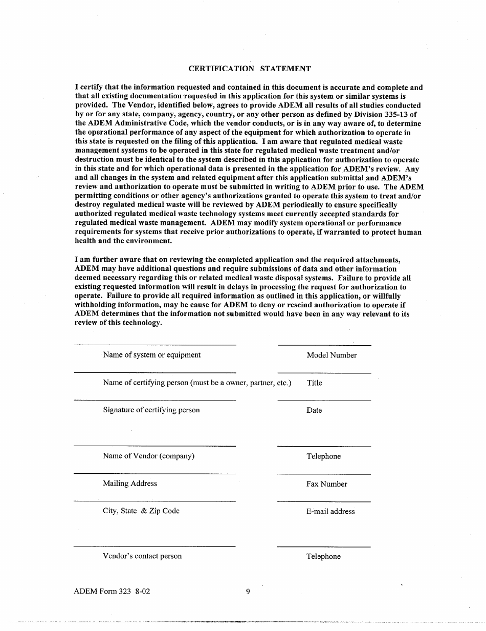 ADEM Form 323 Application for Approval of Alternative Treatment Technologies - Alabama, Page 9