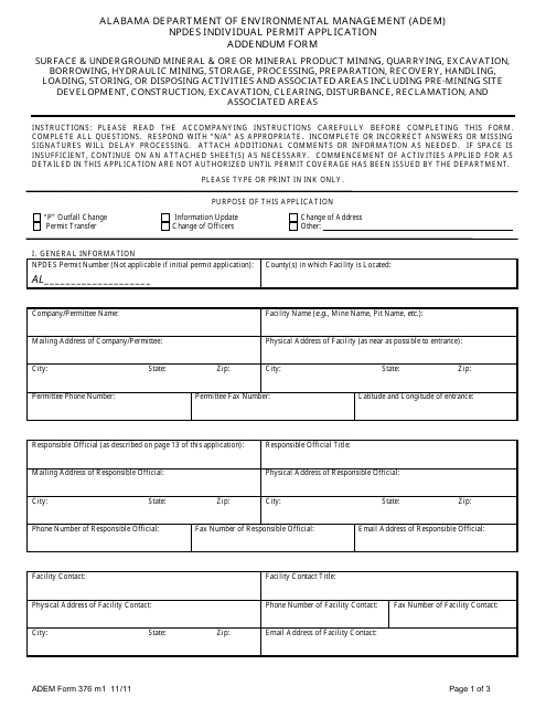 ADEM Form 376 Npdes Individual Permit Application Addendum Form - Alabama