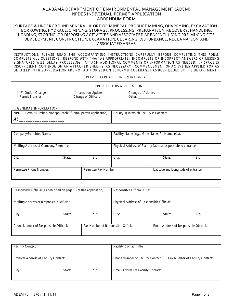 ADEM Form 376 Npdes Individual Permit Application Addendum Form - Alabama, Page 1