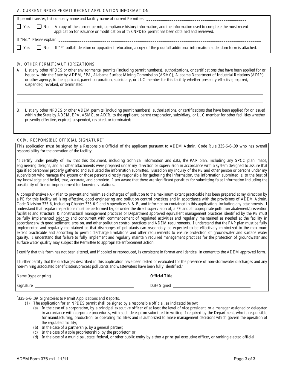 ADEM Form 376 Npdes Individual Permit Application Addendum Form - Alabama, Page 3