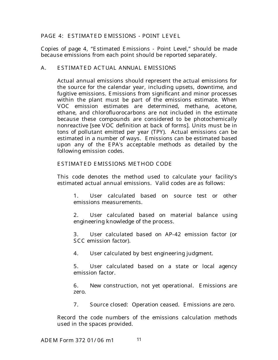ADEM Form 372 Emissions Statements Reporting Form - Alabama, Page 11