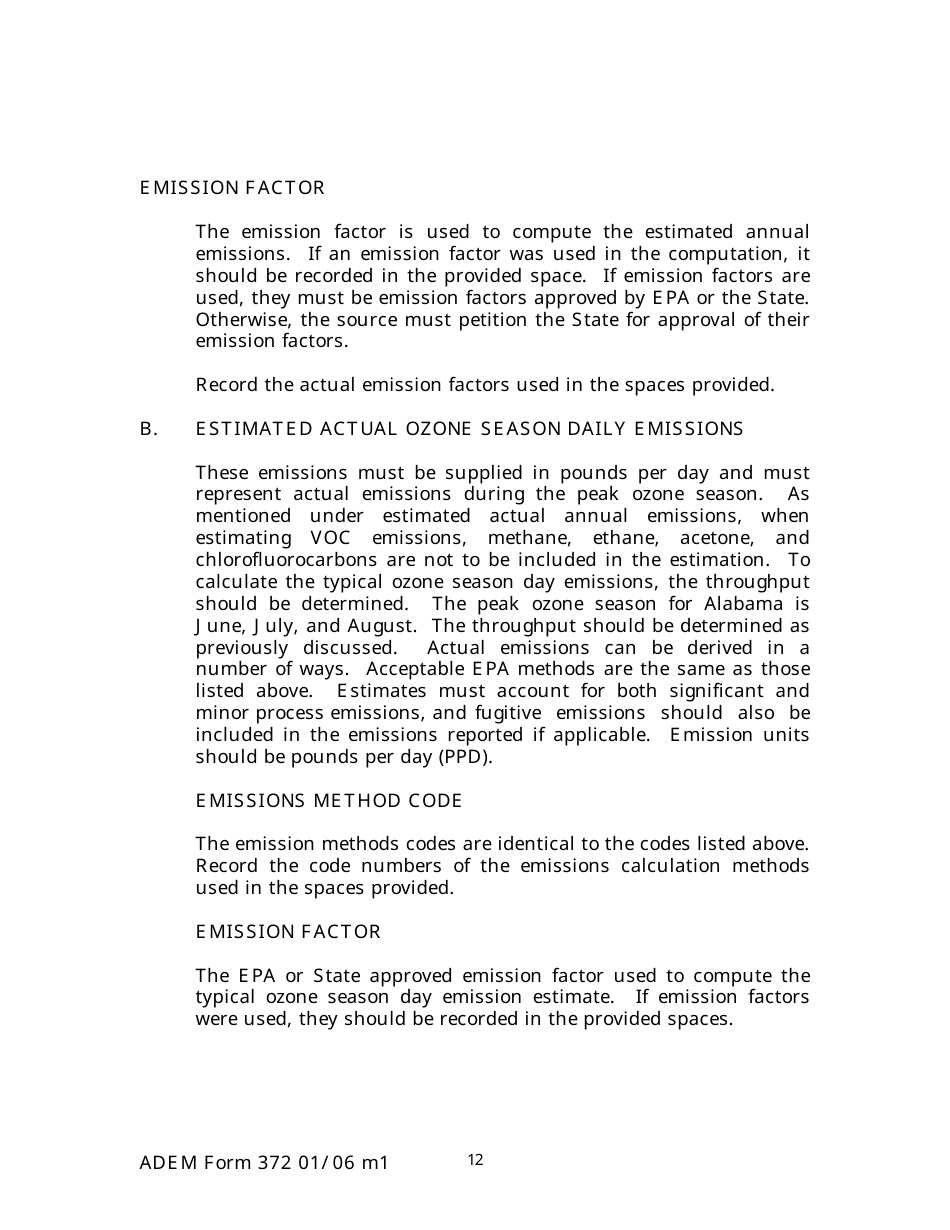 ADEM Form 372 Emissions Statements Reporting Form - Alabama, Page 12