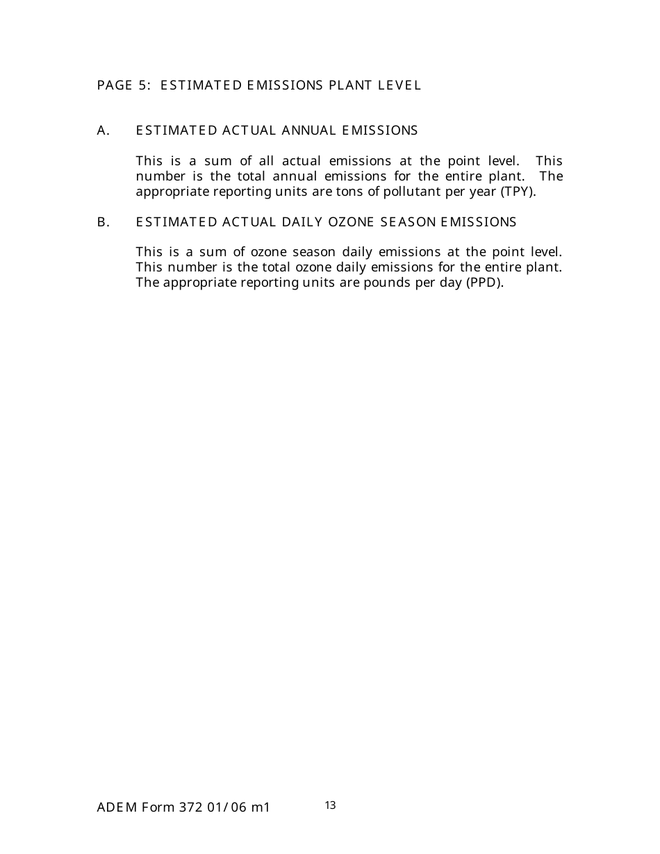 ADEM Form 372 Emissions Statements Reporting Form - Alabama, Page 13