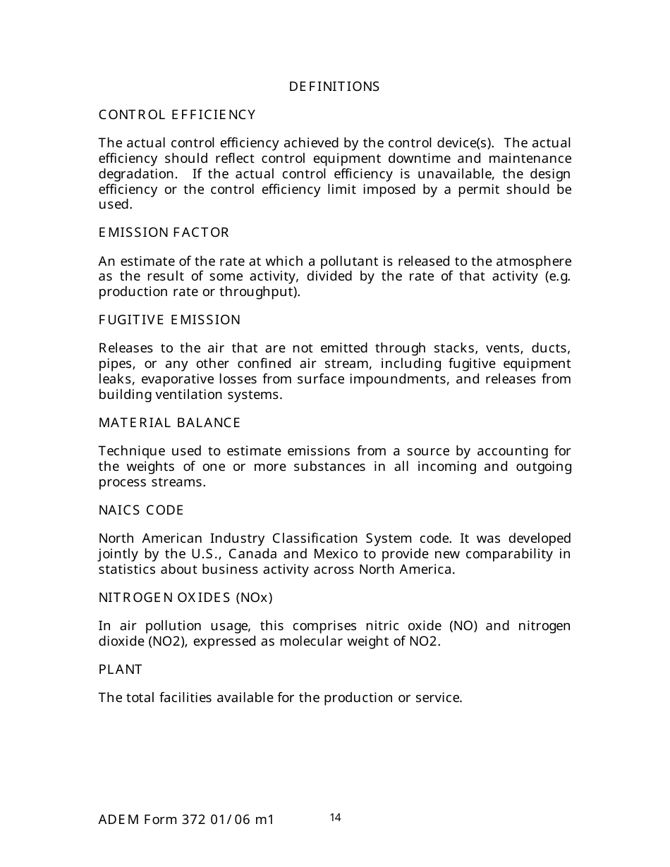 ADEM Form 372 Emissions Statements Reporting Form - Alabama, Page 14