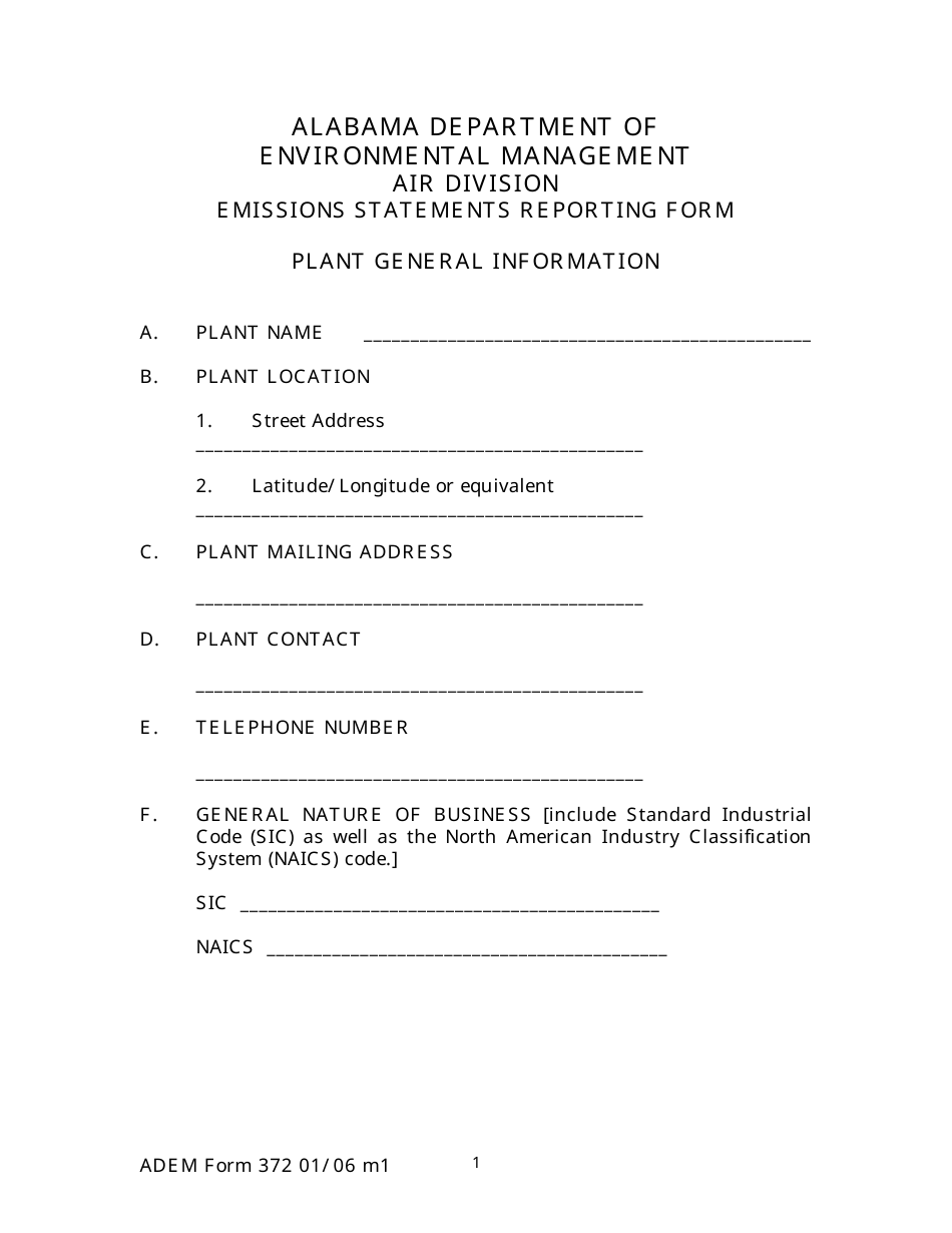 ADEM Form 372 Emissions Statements Reporting Form - Alabama, Page 1