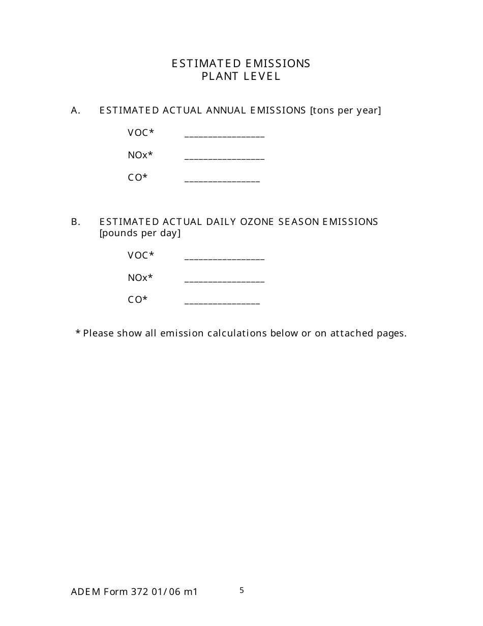 ADEM Form 372 Emissions Statements Reporting Form - Alabama, Page 5