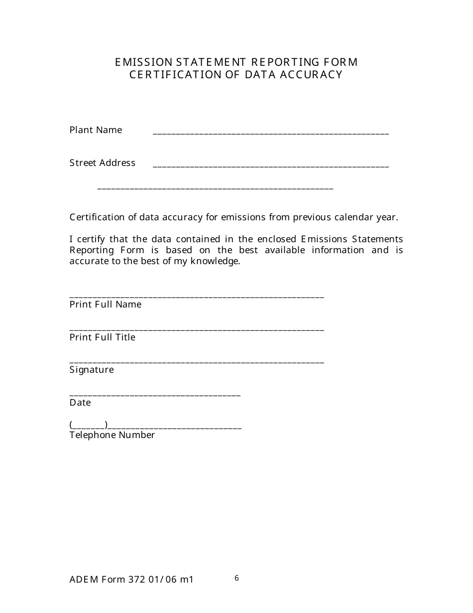 ADEM Form 372 Emissions Statements Reporting Form - Alabama, Page 6