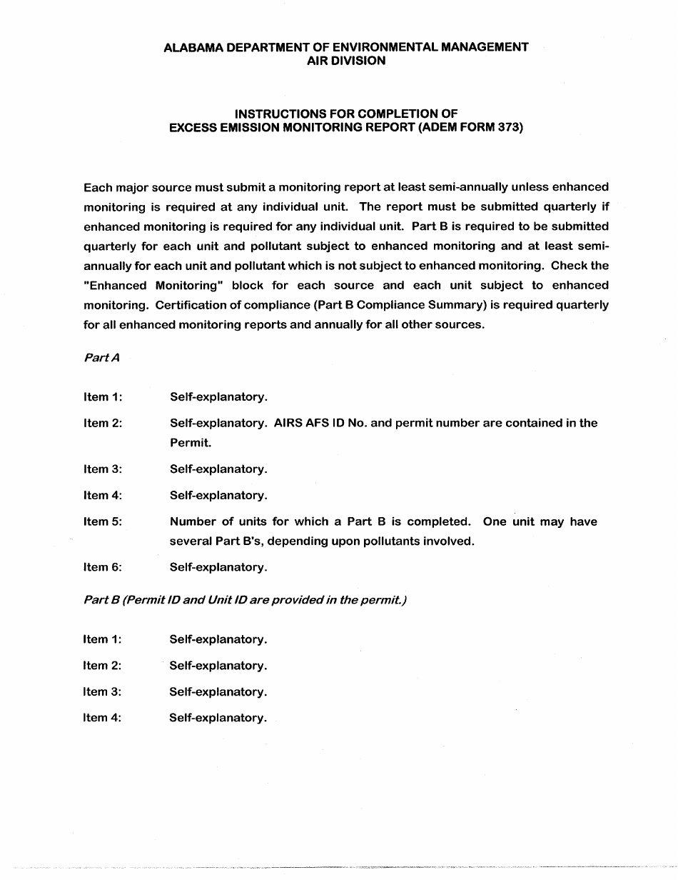ADEM Form 373 Excess Emission Monitoring Report - Alabama, Page 1