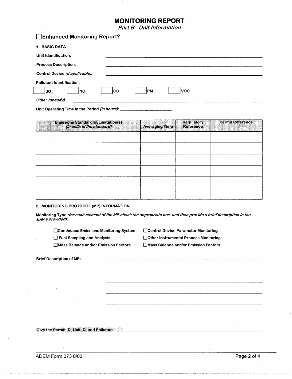 ADEM Form 373 Excess Emission Monitoring Report - Alabama, Page 3