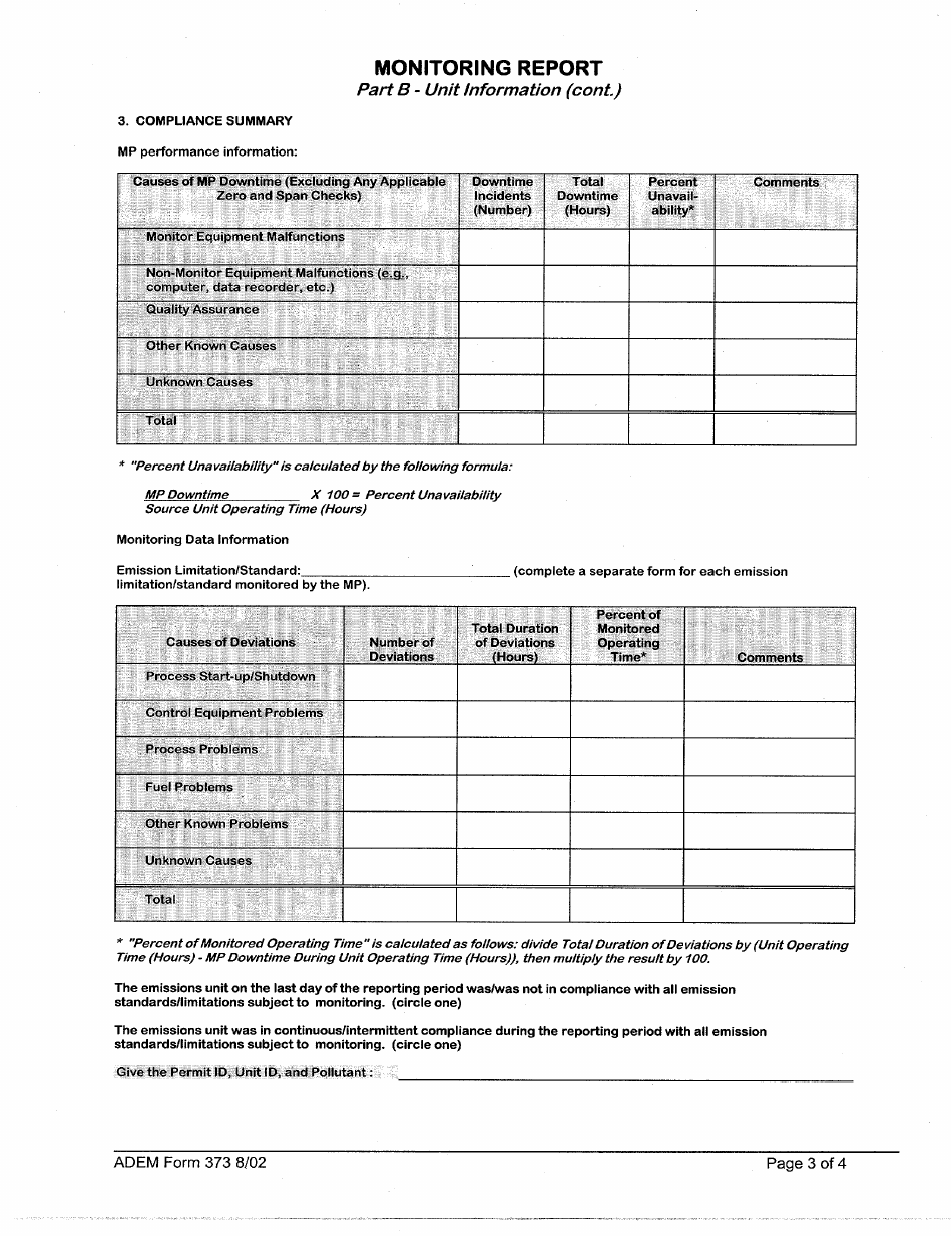 ADEM Form 373 Excess Emission Monitoring Report - Alabama, Page 4