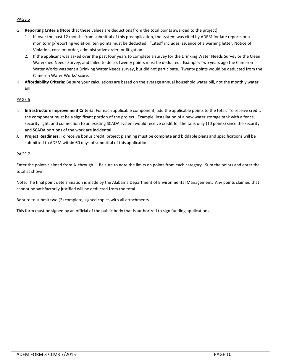 ADEM Form 370 Drinking Water State Revolving Fund Preapplication - Alabama, Page 10