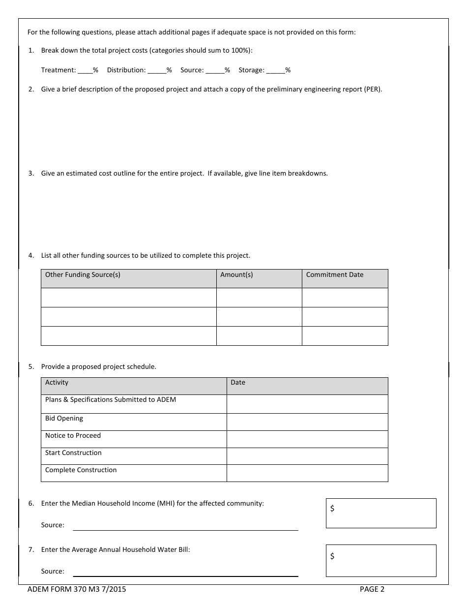 ADEM Form 370 Drinking Water State Revolving Fund Preapplication - Alabama, Page 2
