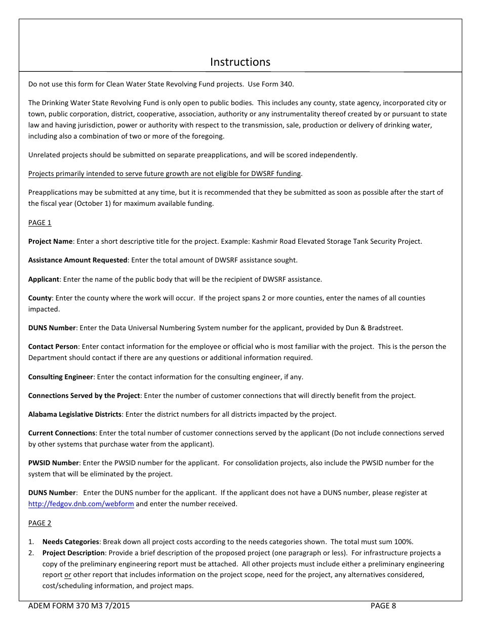 ADEM Form 370 Drinking Water State Revolving Fund Preapplication - Alabama, Page 8
