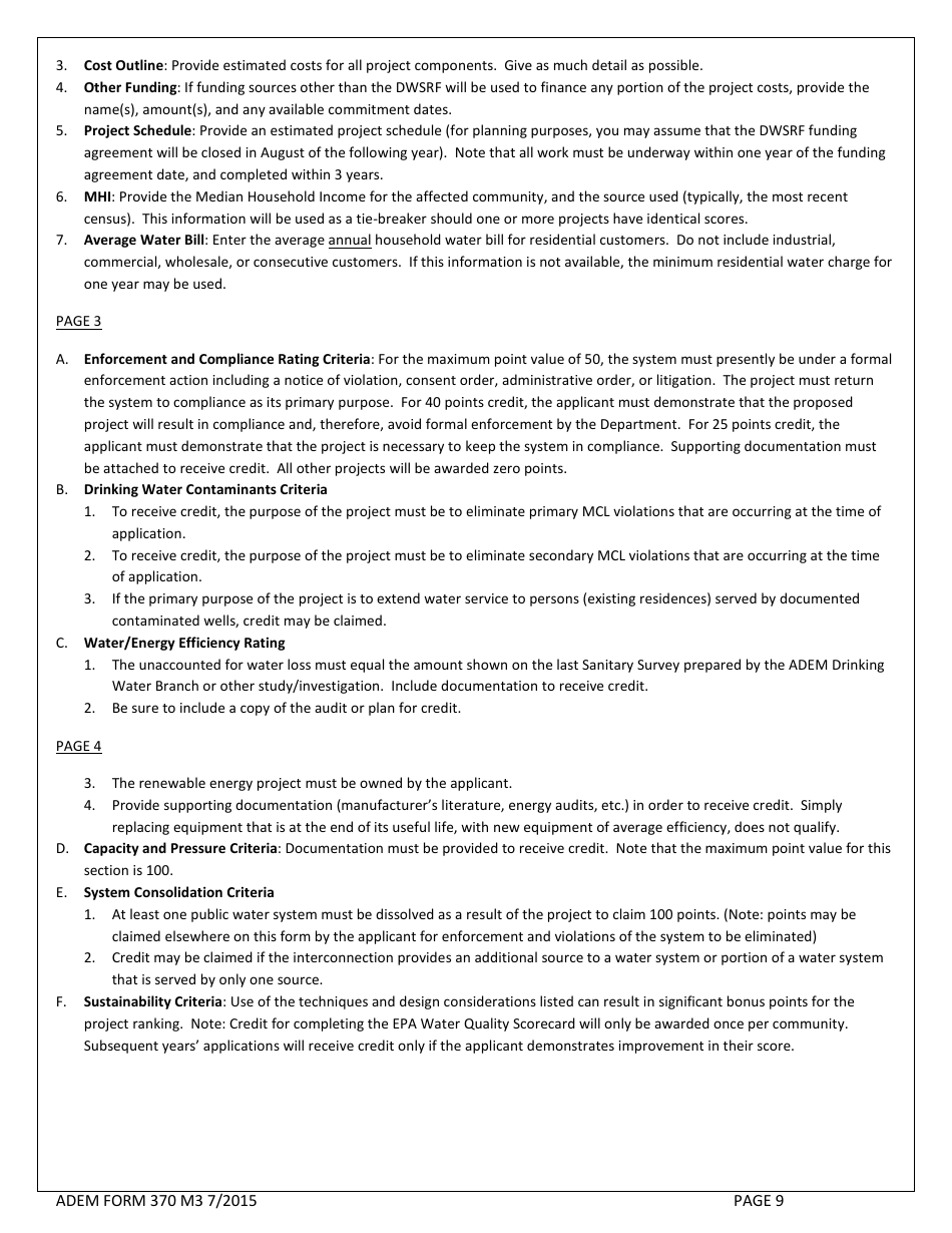 ADEM Form 370 Drinking Water State Revolving Fund Preapplication - Alabama, Page 9