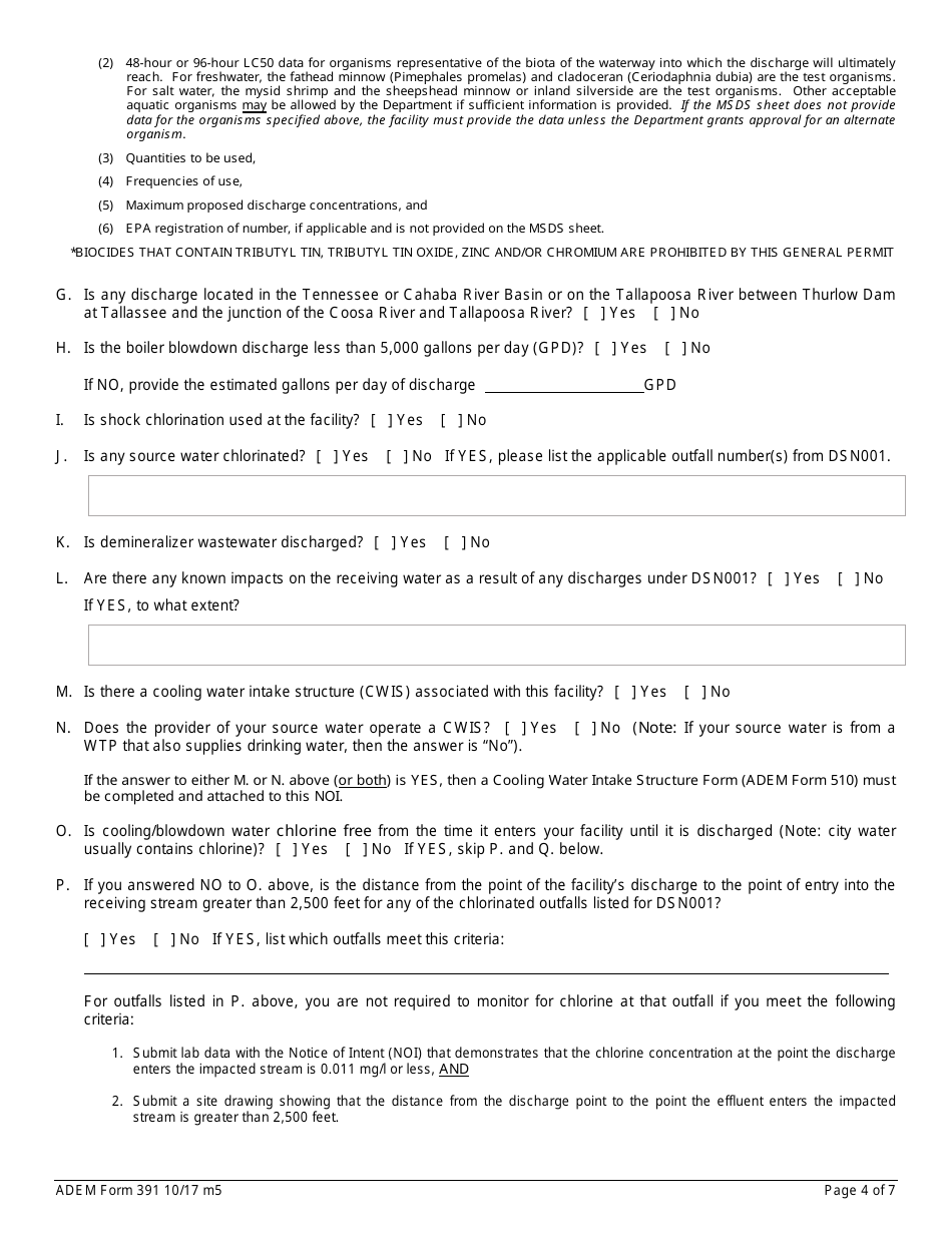 ADEM Form 391 Notice of Intent - Npdes General Permit Number Alg250000 - Alabama, Page 4