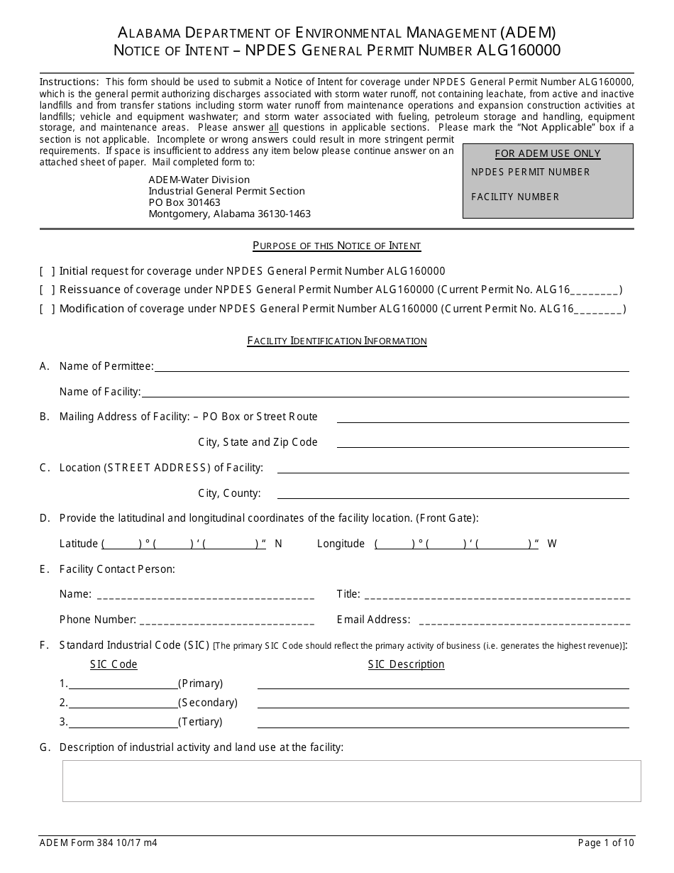 ADEM Form 384 Notice of Intent - Npdes General Permit Number Alg160000 - Alabama, Page 1
