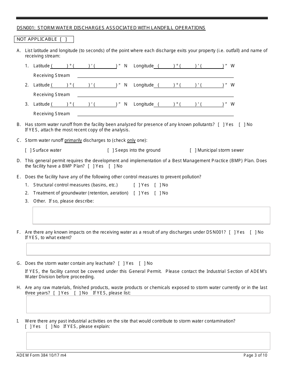 ADEM Form 384 Notice of Intent - Npdes General Permit Number Alg160000 - Alabama, Page 3
