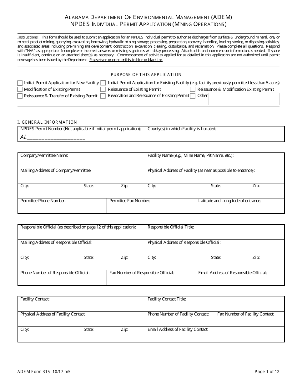 ADEM Form 315 Download Fillable PDF or Fill Online Npdes Individual ...