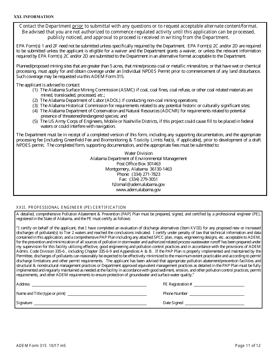 ADEM Form 315 Npdes Individual Permit Application (Mining Operations) - Alabama, Page 11