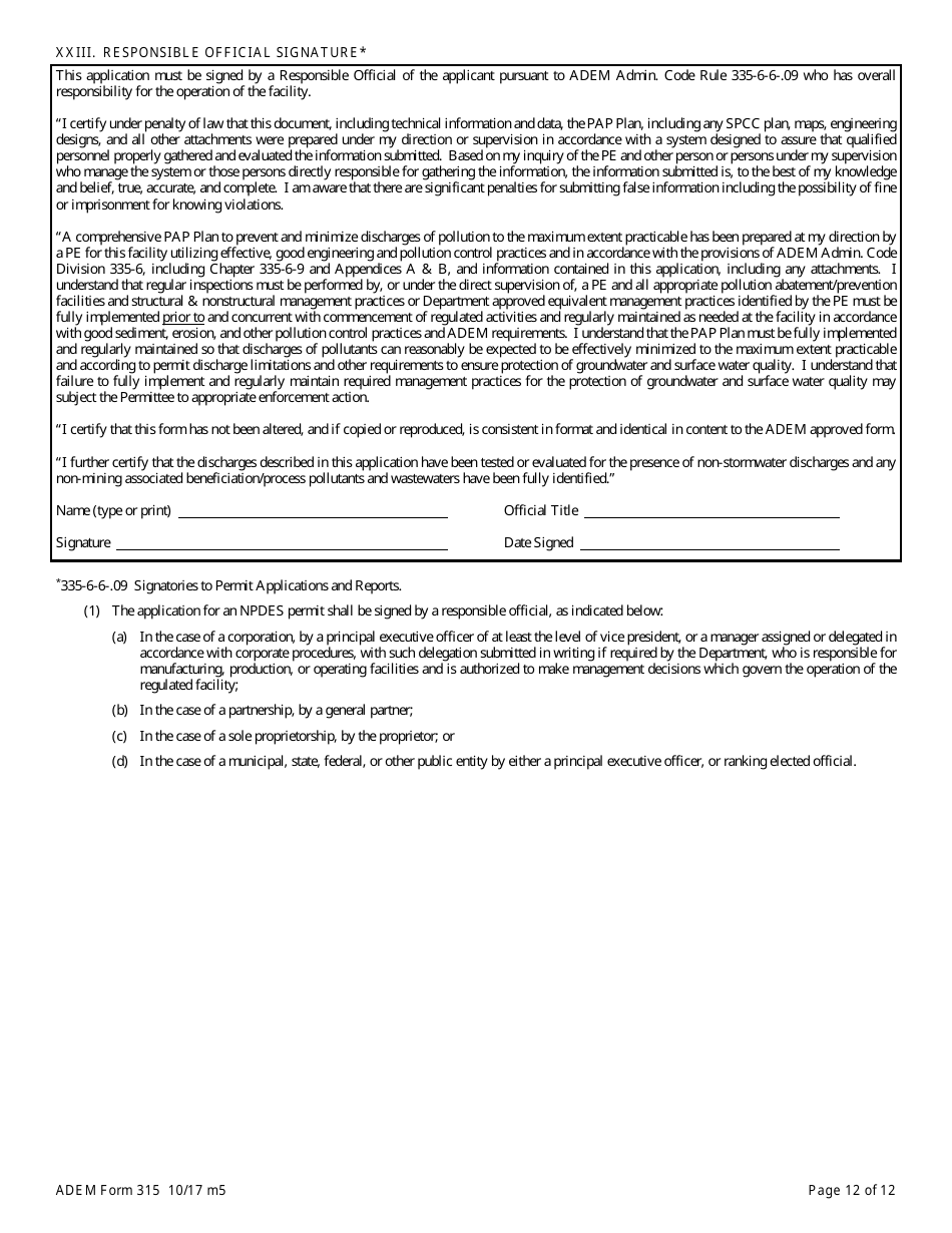 ADEM Form 315 Npdes Individual Permit Application (Mining Operations) - Alabama, Page 12
