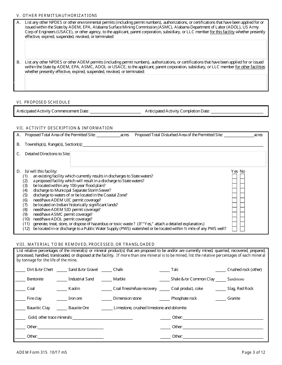 ADEM Form 315 Npdes Individual Permit Application (Mining Operations) - Alabama, Page 3